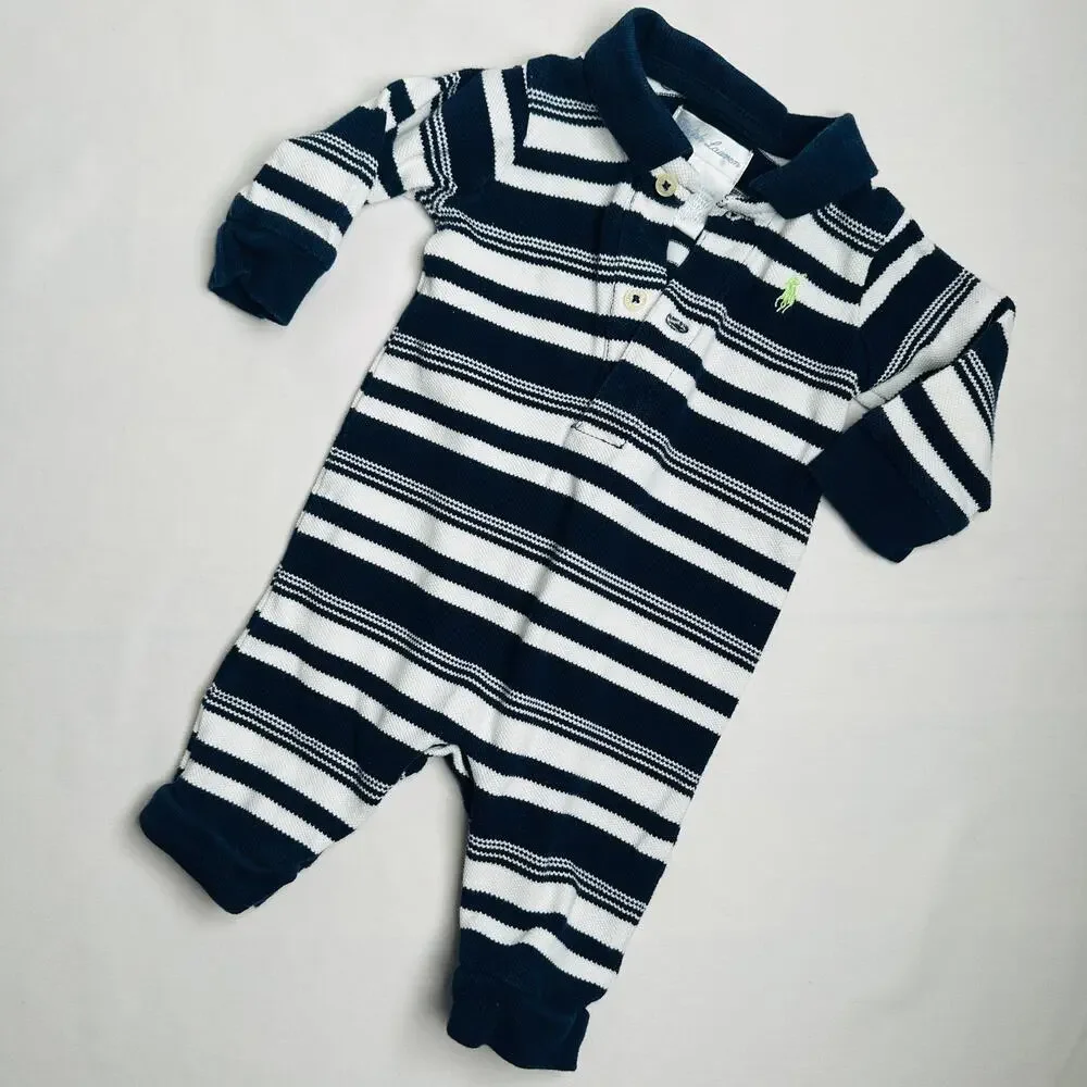 Ralph Lauren Long Sleeve Navy & White Striped Jumpsuit Romper Sz 3mo
